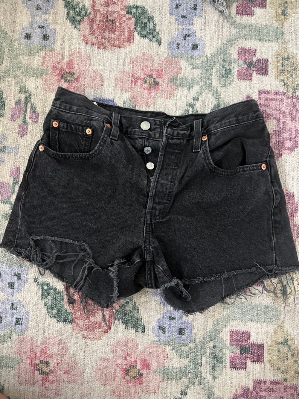 Levi's Black Button-Fly Distressed Denim Shorts